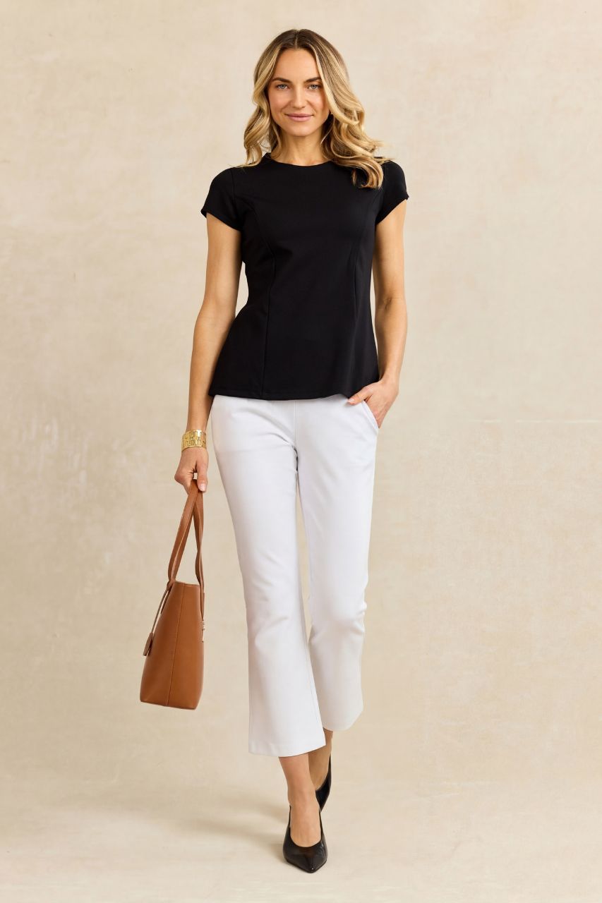 HIGH WAIST KICK FLARE PANT: WHITE PONTE