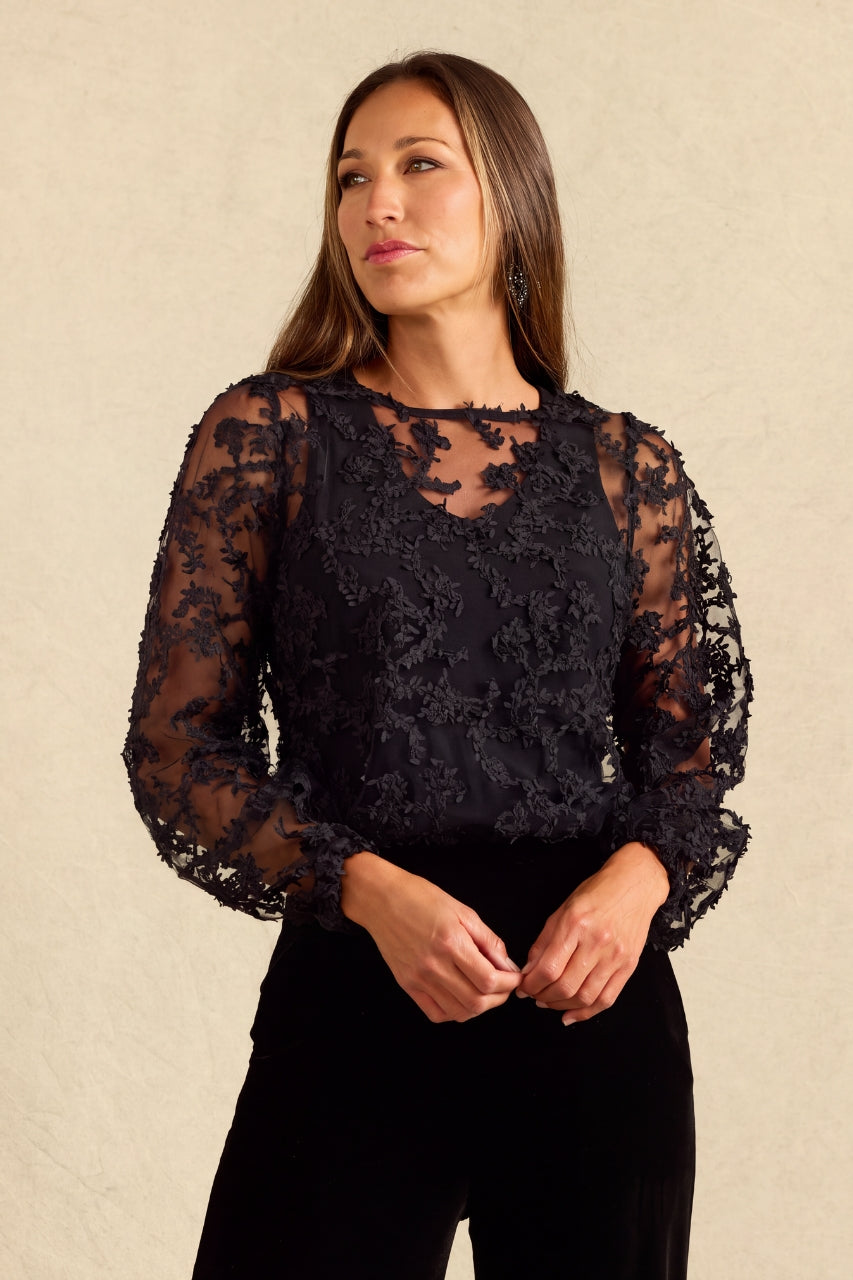 LACE LONG SLEEVE TOP: BLACK