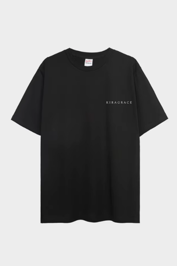 A black crew neck t-shirt with the text 'KIRAGrace' printed on the chest area.