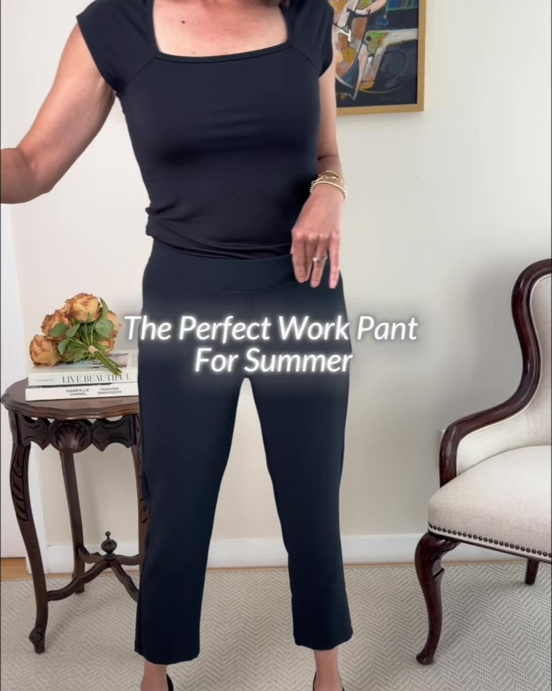 Models showing off different colored trousers while explaining the different features of the pant