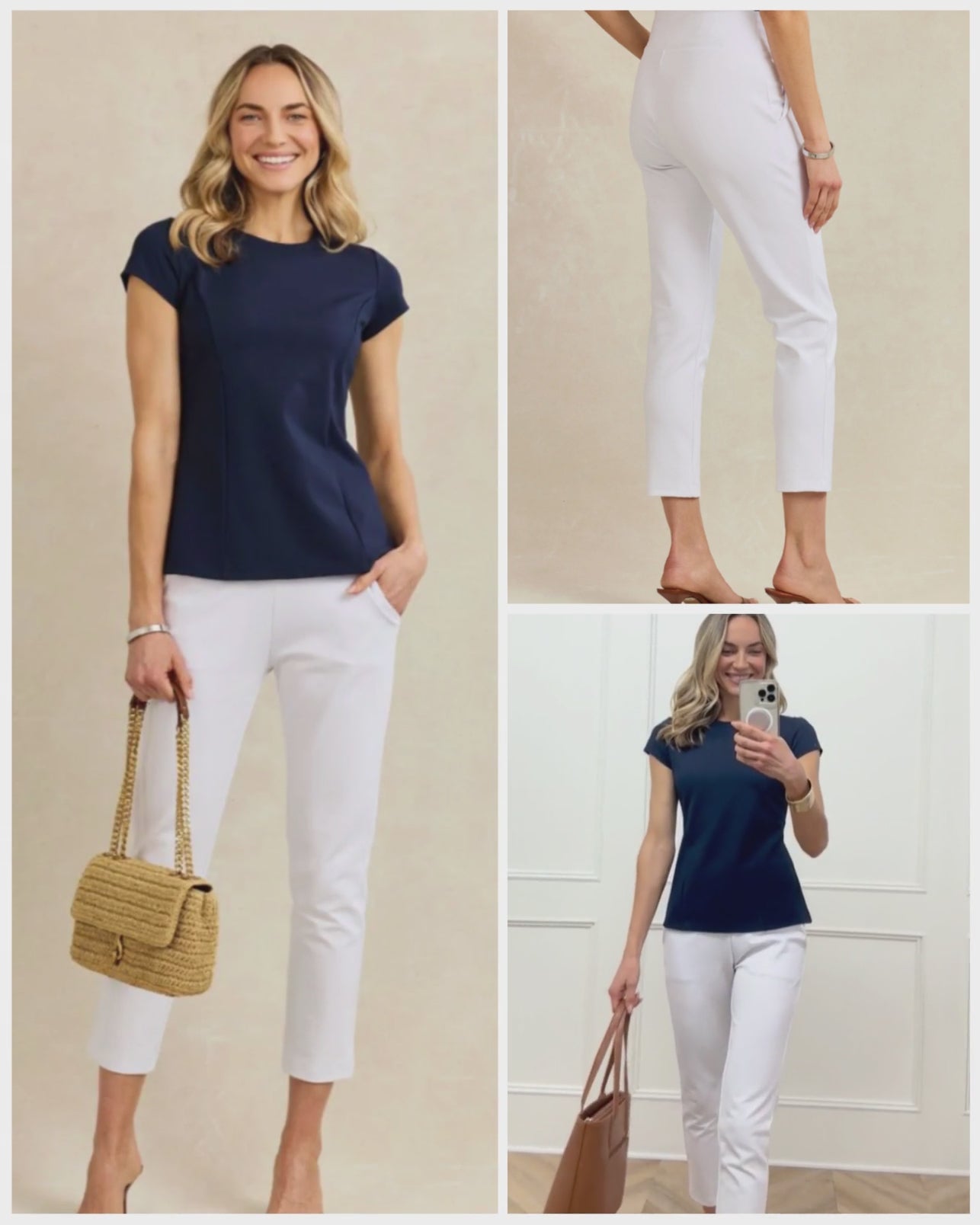 Video shows a women filming her outfit, navy blue short sleeve shirt and white trousers, in the mirror with a handbag.