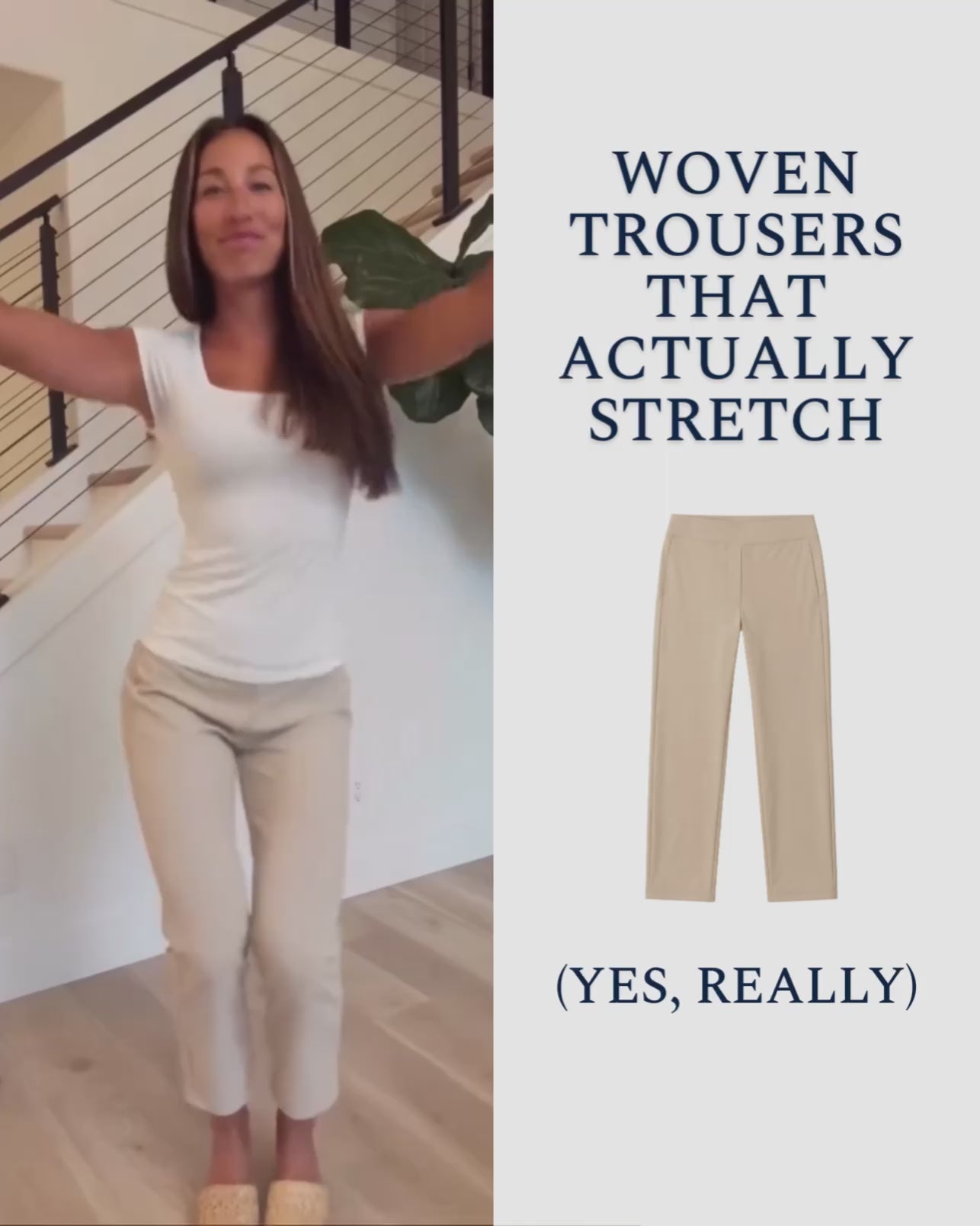 Clip of model showing the stretch of woven trousers